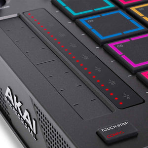 Close-up of a music production controller with colorful buttons and Akai Professional branding.