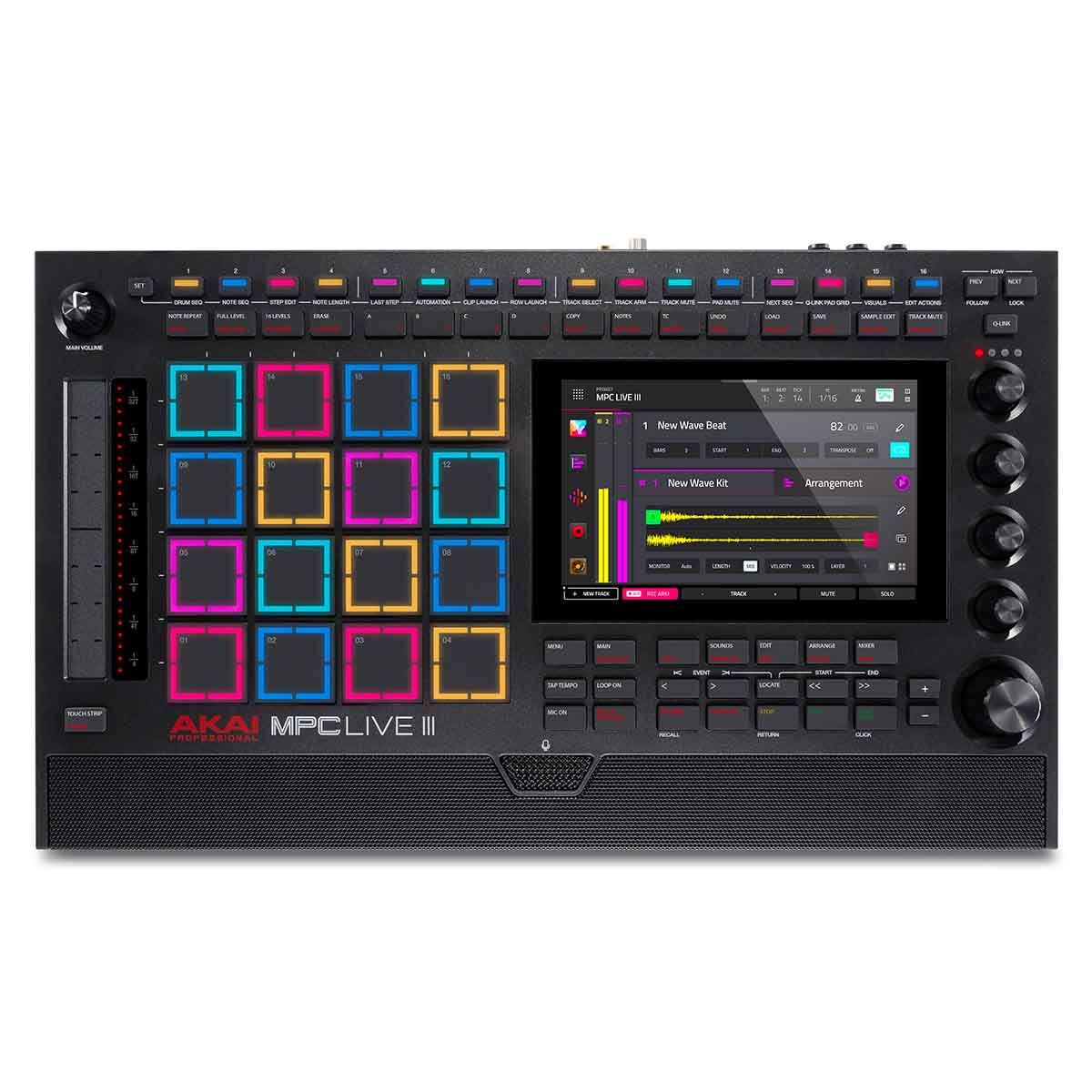 Akai MPC Live III electronic music production controller with colorful pads and display on a white background