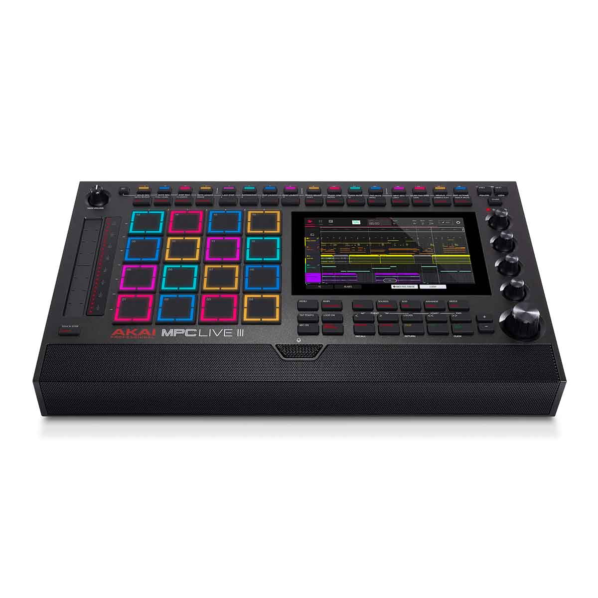 MPC Live 3 music production controller with colorful pads and a screen on a white background