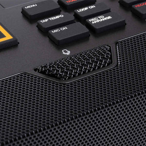 Close-up of a black electronic device with control buttons and a mesh panel on Akai MPC Live 3
