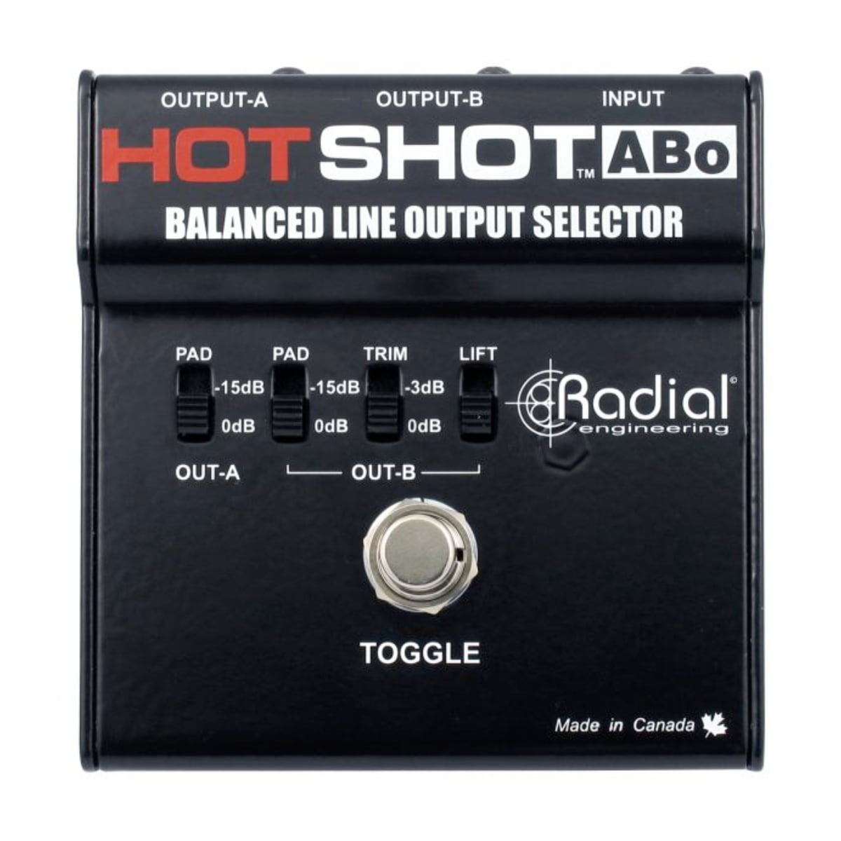 Radial Engineering HotShot ABo Mic & line switcher, 1 XLR-F input and 2 XLR-M outputs. Balanced