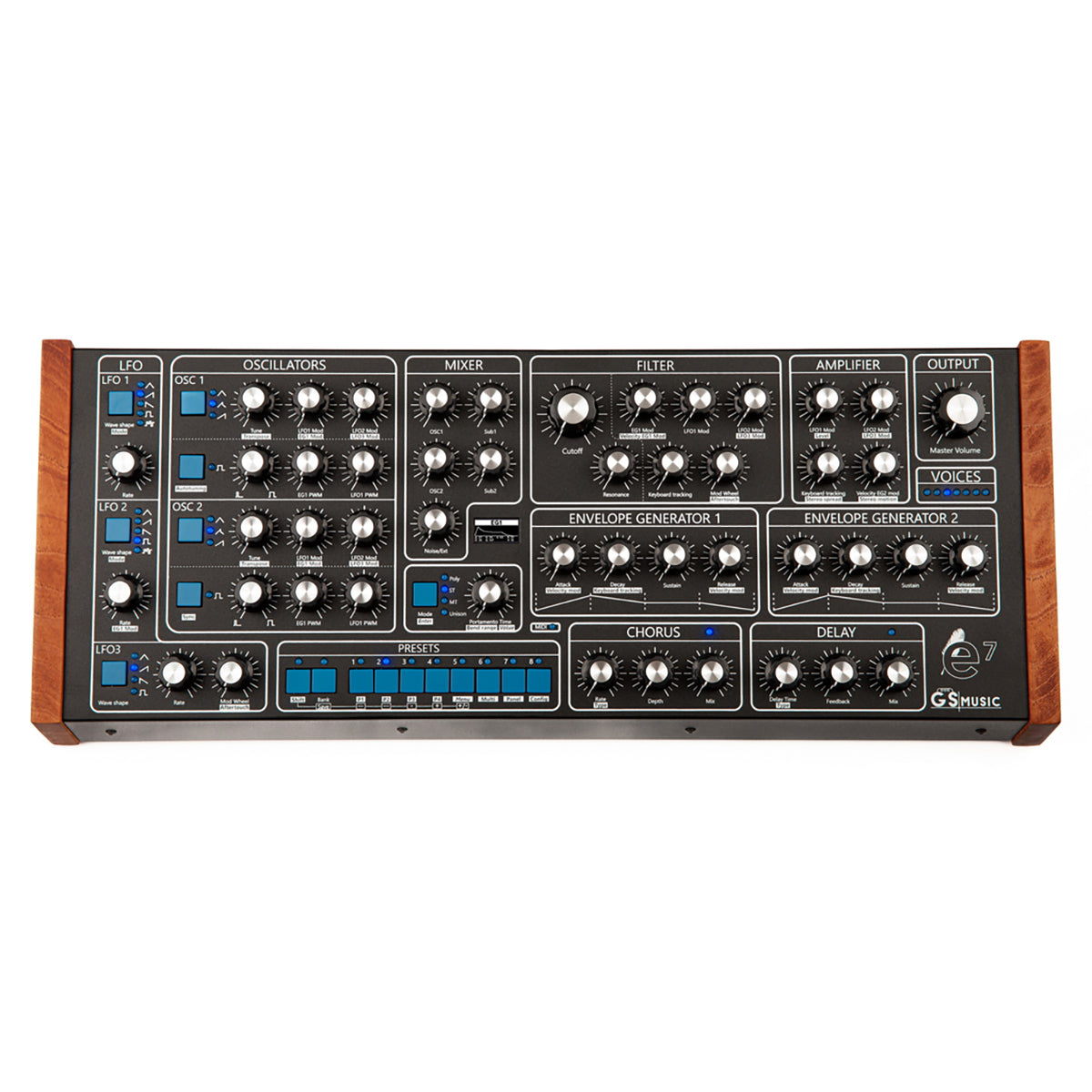 GS Music GS e7 Analog Polyphonic Synthesizer Black/Blue Top View