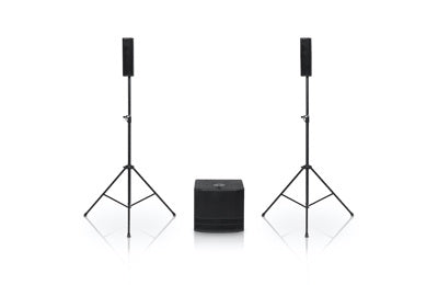 dB Technologies 3-amped 1000W stereo sound system. 2x tops, 12” active sub, 3 inputs, Bluetooth