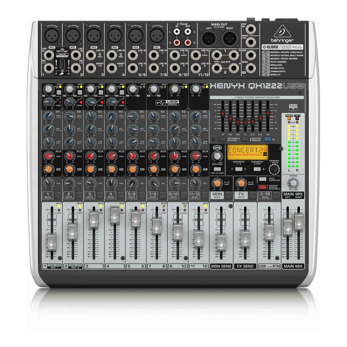 Behringer XENYX QX1222USB  16-Input 2/2-Bus Mixer with XENYX Mic Preamps & Compressors, KLARK TEKNIK Multi-FX Processor, Wireless Option and USB/Audio Interface
