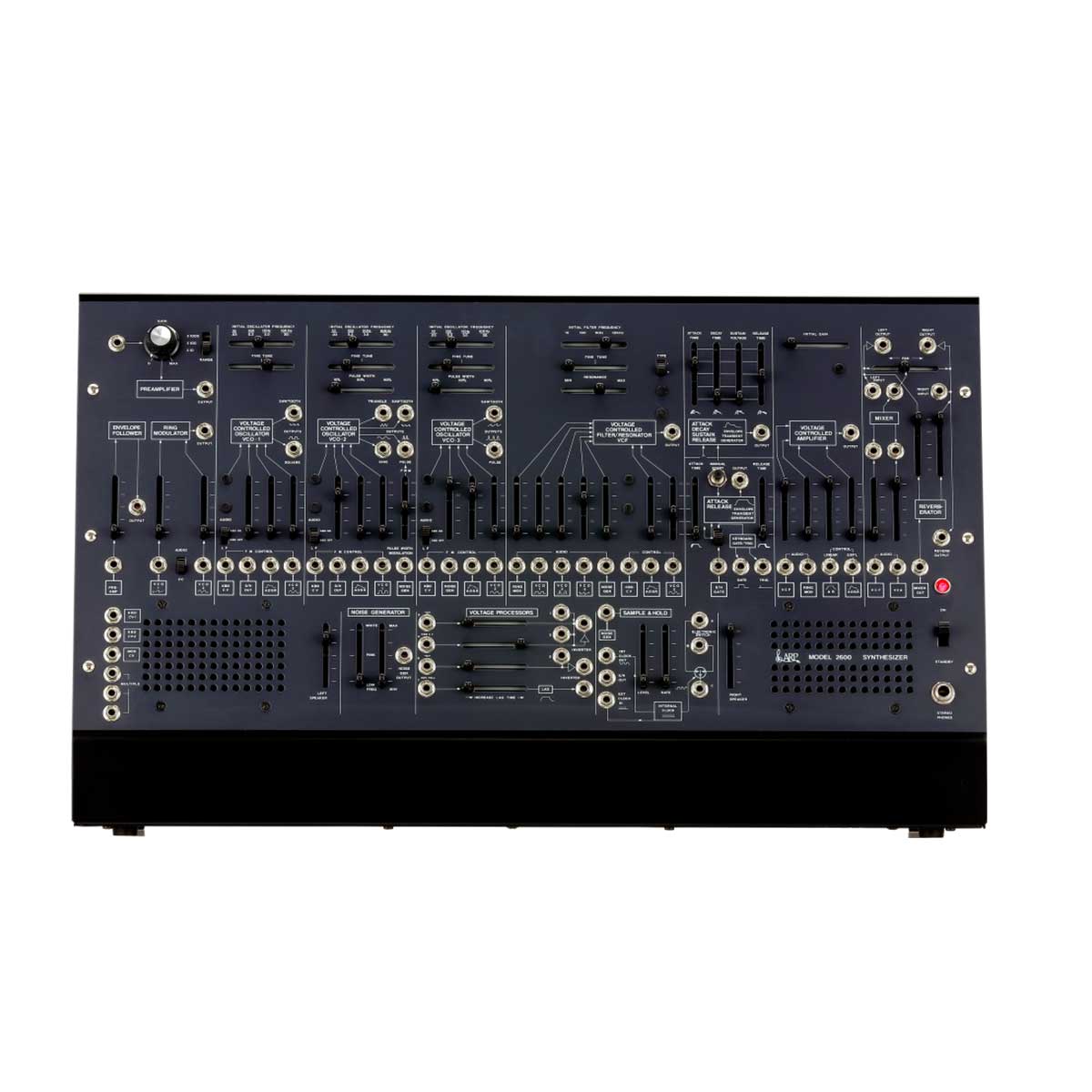 The image shows a KORG Arp 2600M Semi-Modular Synthesizer with multiple ports, buttons, and sliders on the front panel, accompanied by a carry case.
