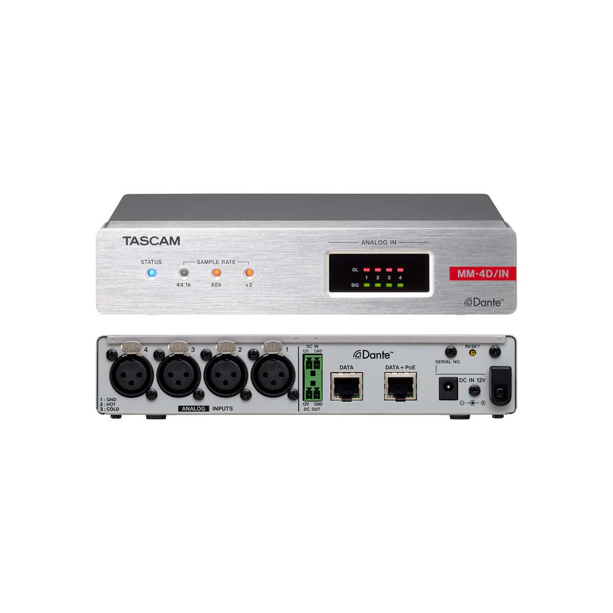 TASCAM MM-4D/IN-X 4-Channel Mic / Line Input Dante Converter with built-in DSP Mixer