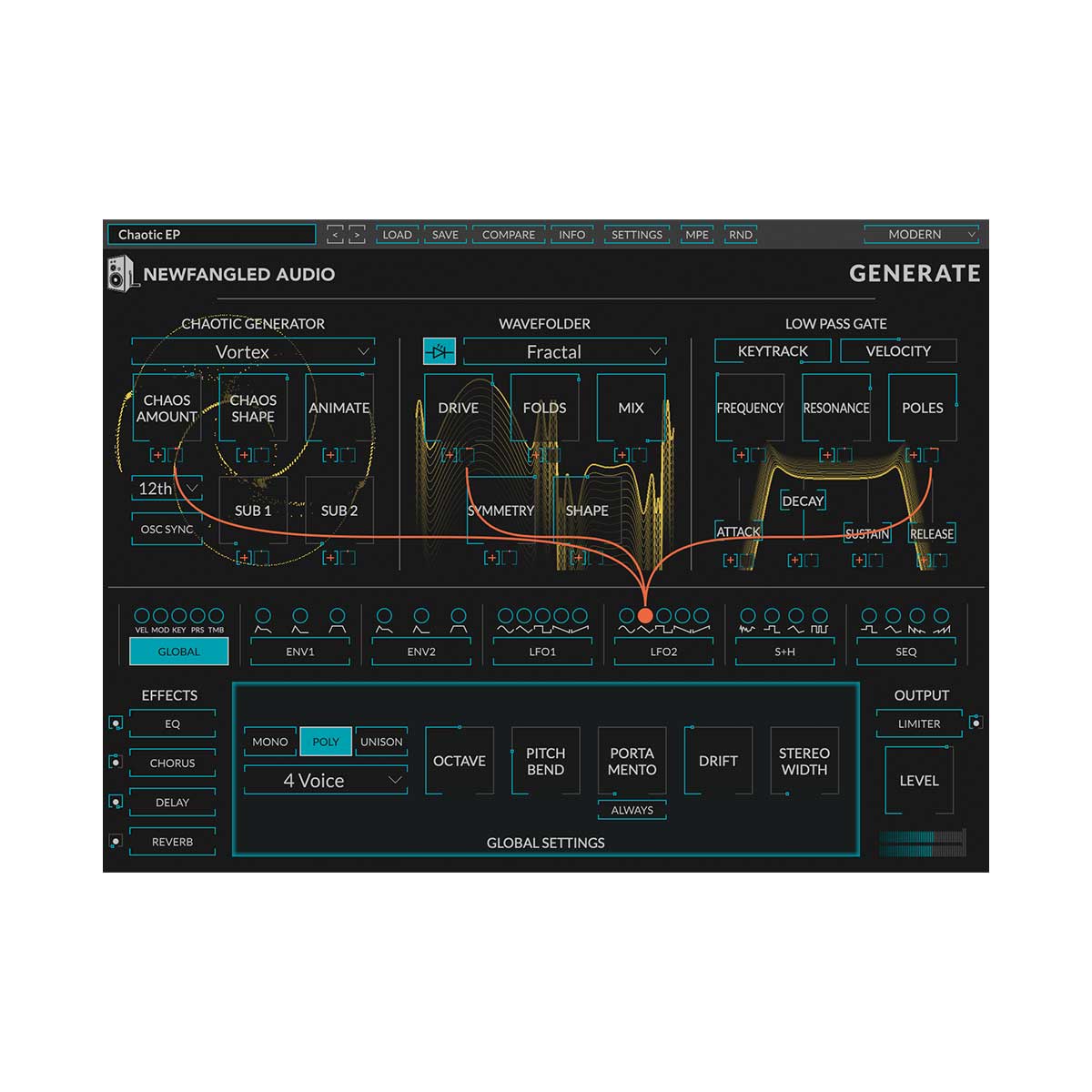 Newfangled Audio Generate Polysynth Plug-In with 5 Chaos Oscillators
