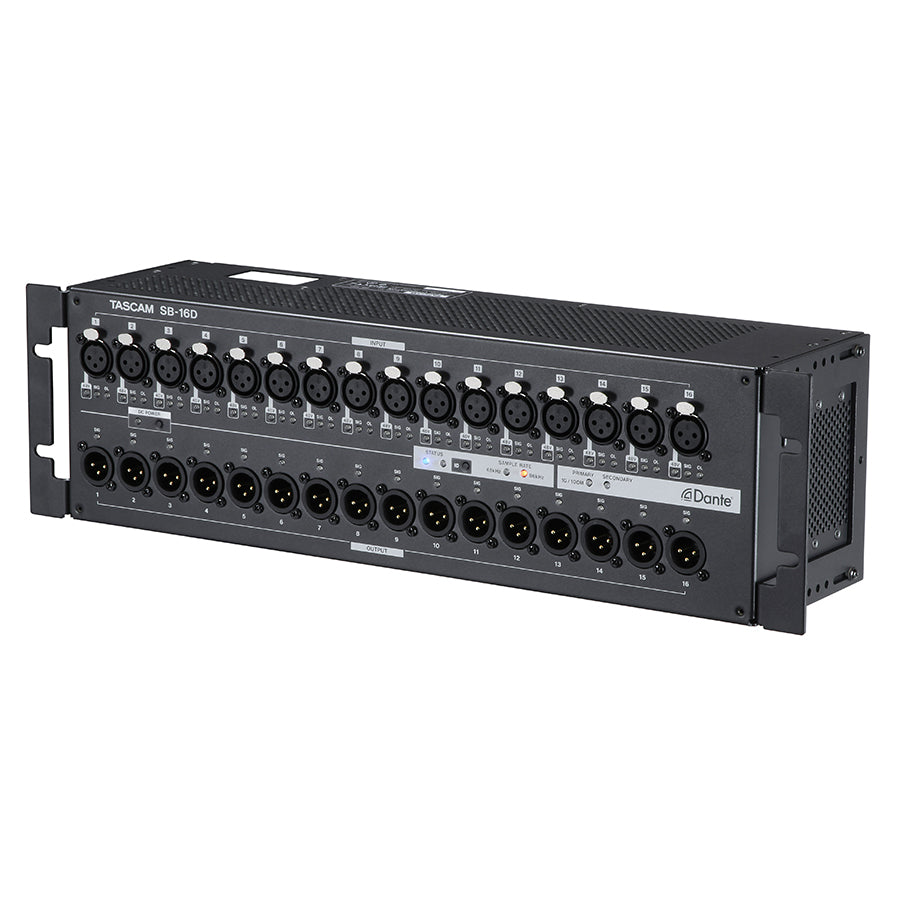 Tascam SB-16D 16-in/16-out Dante analog converter with built-in 32-bit ADC & Class 1 HDIA mic preamps.