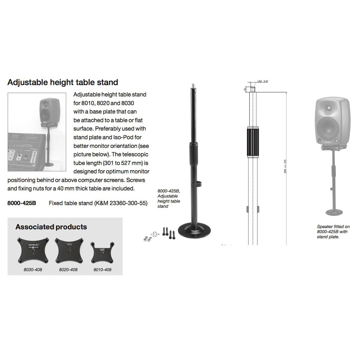 Studio Monitor Accessories - Genelec 8000-425 Adjustable Table Stand For 8010, 8020, 8030 Monitors (SINGLE)